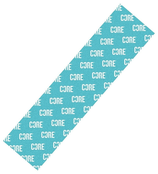 Introducing the CORE Classic Stunt Scooter Griptape in a striking teal shade, featuring the "CORE" logo printed repeatedly in white. This griptape offers a sleek design perfect for personalizing your Stunt Scooter with the distinctive style of CORE Classic Griptapes.