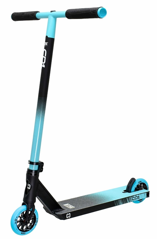 Introducing the CORE CD1 Complete Stunt Scooter in Blue and Black—an ideal choice for beginner riders. Manufactured by CORE, this scooter features a robust frame, a textured deck, blue wheels, and handlebars with comfortable grips, all designed to make performing tricks effortless.