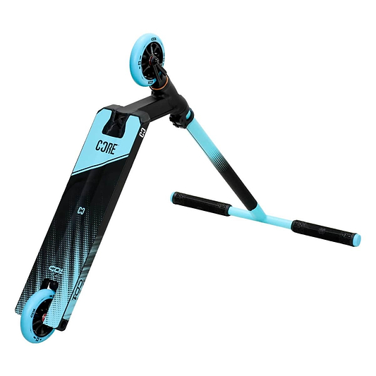The CORE CD1 Complete Stunt Scooter by CORE is a high-quality model in blue and black, featuring a sleek design ideal for beginner riders. It comes with a textured deck, two wheels, and gripped handlebars, positioned at an angle to emphasize its modern and sporty look.