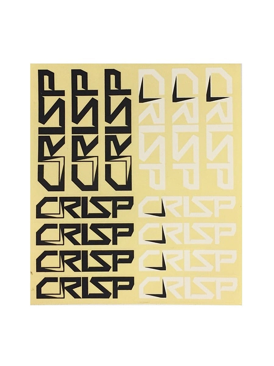 The Crisp Scooters Sticker Sheet by Crisp showcases a patterned design with the word "CRISP" repeated multiple times in a stylized, angular font. The top half of the sheet features abstract geometric shapes in black and white set against a light beige background.
