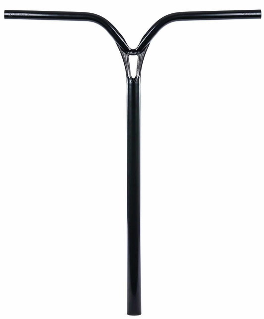 The Ethic DTC Deildegast V2 Steel Oversized HIC Stunt Scooter Bars in Black Mirror (720mm x 600mm) by Ethic feature a Y-shaped chromoly design, central vertical stem, and top horizontal grips, compatible with HIC compression. Photographed on white background.