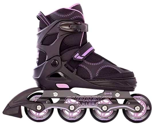 The Supreme Venice Adjustable Kids Inline Skates in Black/Purple feature four wheels, adjustable straps, and detailed stitching—a comfortable semi-soft boot for beginners, shown in a side view against a white background.