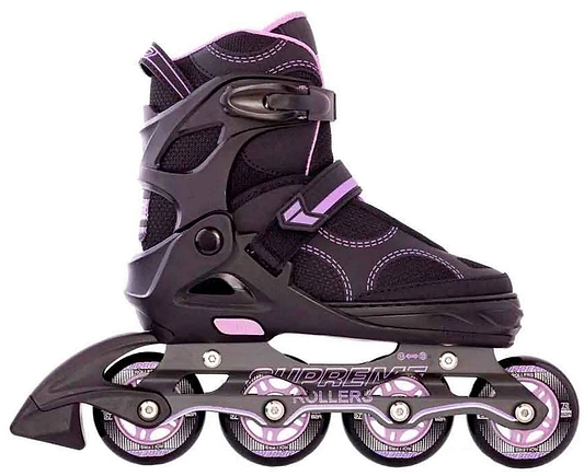 The Supreme Venice Adjustable Kids Inline Skates in Black/Purple feature four wheels, adjustable straps, and detailed stitching—a comfortable semi-soft boot for beginners, shown in a side view against a white background.