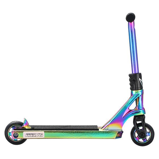 A sleek Blunt Envy AOS V6 Finger Scooter in Oil Slick Neochrome, featuring metallic rainbow hues with black handlebars and wheels, shown in profile against a white background.