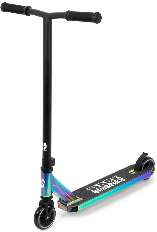 The Slamm Rage Complete Stunt Scooter - Neochrome by Slamm features a black and iridescent neochrome finish, black handlebars and wheels, plus a textured deck with white graphics and logos.