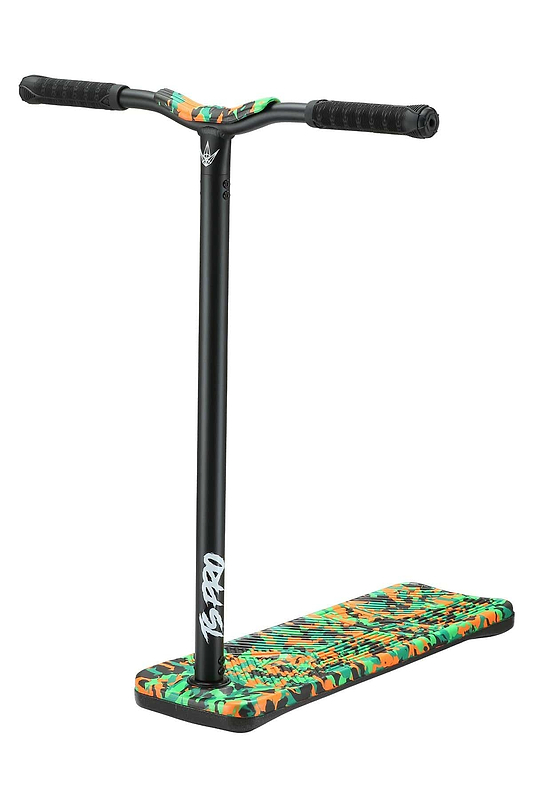 The Blunt Envy TS Pro 7.5 Indoor Trampoline Stunt Scooter - Orange Camo by Blunt Envy showcases a sleek black handlebar and a deck adorned with a vibrant geometric orange, green, and yellow pattern. Designed for customization, it features black grips and robust construction for all your freestyle adventures.