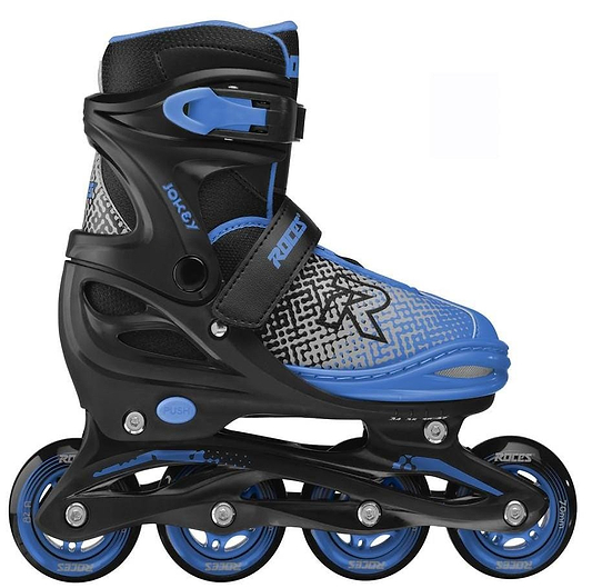 The Roces Jokey X Adjustable Inline Skates - Black / Astro Blue by Roces feature four wheels, secure ankle support, and a stylish patterned boot design.