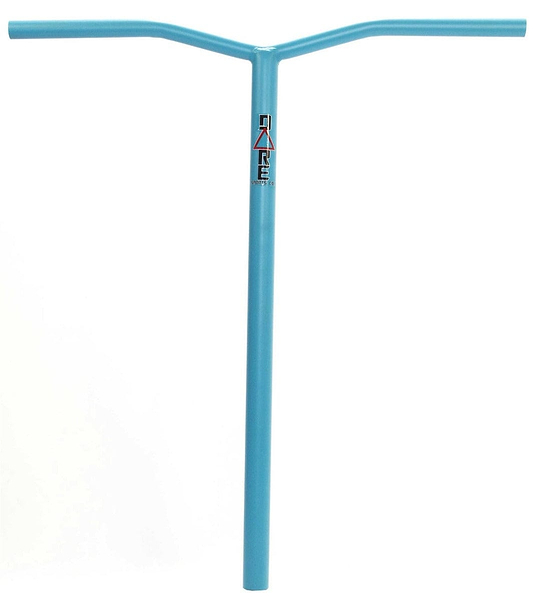 A Dare Wing Steel Standard SCS stunt scooter bar in blue, featuring a T-shape with the logo at its center, crafted from robust Chromoly Steel. Designed to provide optimal grip and control with its distinct curve on each side, it is perfect for taller riders. The image showcases the handlebar against a plain white background. Dimensions: 685mm x 610mm.