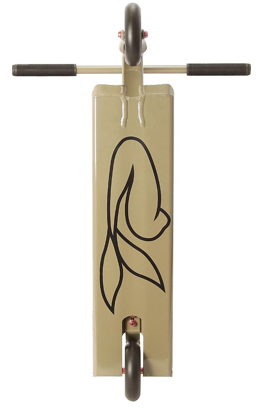 The Aztek Siren Complete Street Stunt Scooter in Zircon Sand, viewed from above, features black handlebars and a fish outline on the deck, with the two wheels visible at each end.