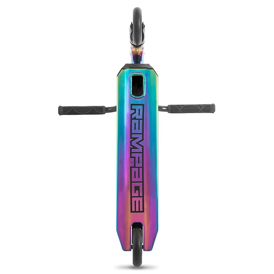 Top-down view of the Rampage R100A Complete Stunt Scooter - Oil Slick Neochrome, featuring bold "RAMPAGE" branding on the deck, dual handlebars, front and rear wheels—a perfect stunt scooter for tricks.