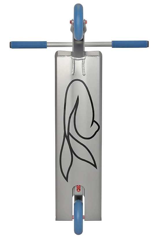 The Aztek Siren Complete Street Stunt Scooter in grey features blue handlebar grips and wheels, plus a deck with bold black line art of a fish, reflecting the signature Aztek style.