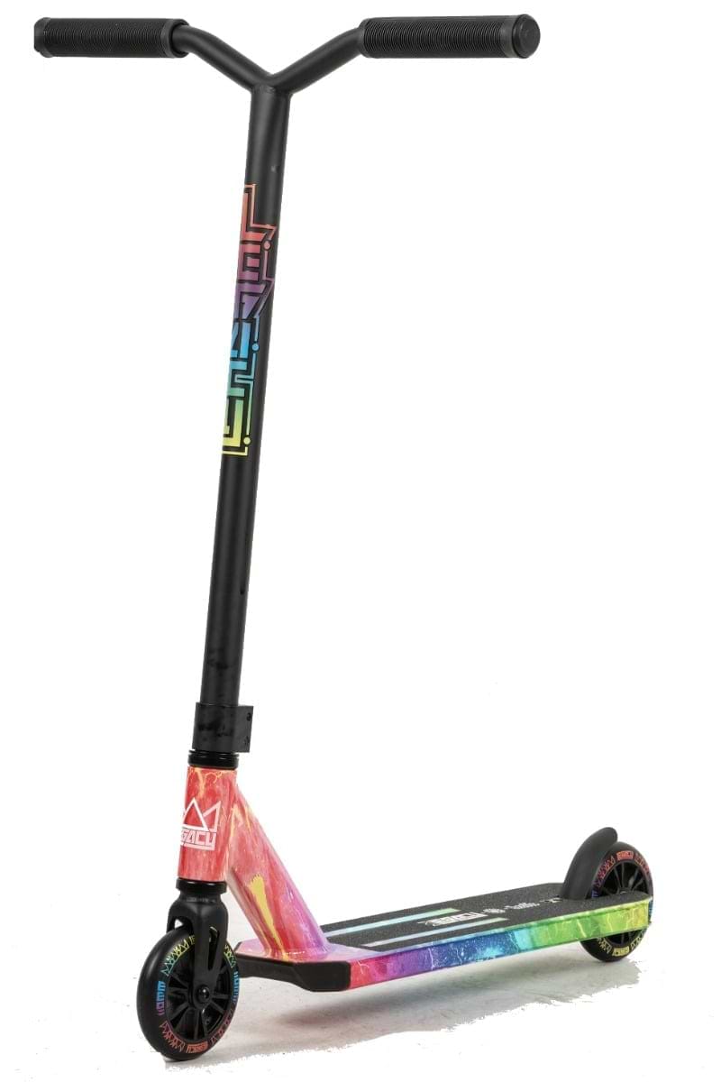 The Legacy Hydro Drip Complete Stunt Scooter - Hectic Rainbow features a striking deck with a rainbow design, black wheels, and Hi-Ten Steel Y Bars for improved control. With its durable metal frame and eye-catching geometric patterns, it's the ideal choice from Legacy for both style and performance.
