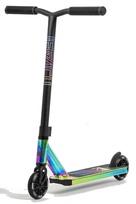 Introducing the Legacy 1.5 Mini Pro Complete Stunt Scooter: a rainbow neochrome marvel featuring a sleek black handlebar with vibrant gradient accents on the deck and neck. Perfect for standout moves at the skatepark, it boasts two durable black wheels and striking geometric patterns on the deck.