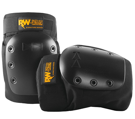 Two black GAIN Protection RW x Fast Forward Ryan Williams Signature Skate Knee Pads with hard plastic caps, visible rivets, and a yellow and black RW Fast Forward logo patch above the knee, ideal for action sports or scooter riders.
