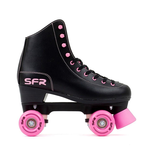 The SFR Figure Quad Roller Skates - Black / Pink feature pink polyurethane wheels, toe stop, eyelets, stitching, and SFR logo—ideal beginner skates for stylish fun.