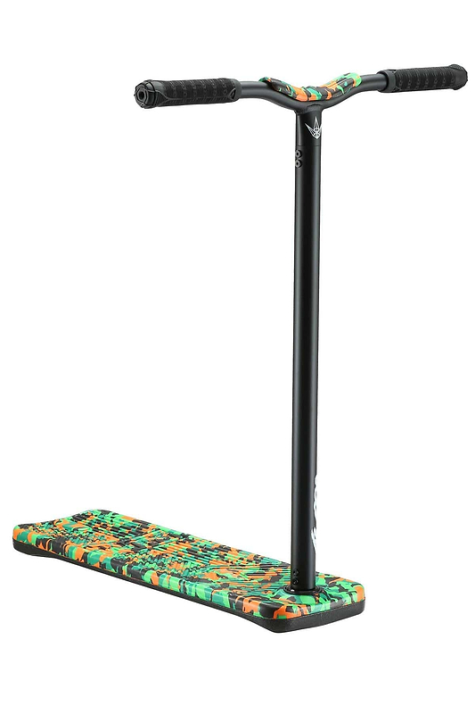 The Blunt Envy TS Pro 7.5 Indoor Trampoline Stunt Scooter - Orange Camo features a sleek design with a black handlebar and a vibrant deck showcasing an orange camo pattern, making it perfect for executing impressive tricks and stunts.