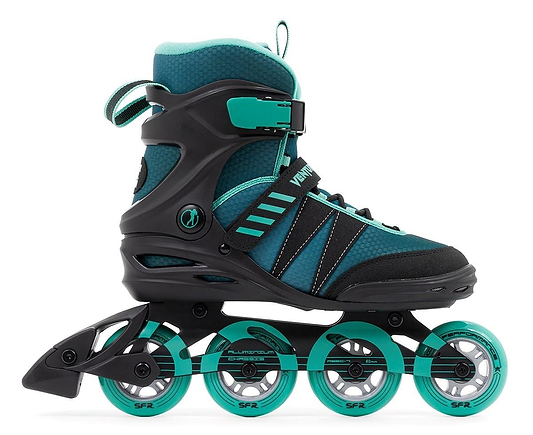 The SFR Venture Pro Inline Skates in teal feature four durable urethane black wheels with teal accents and ABEC-7 bearings for a smooth ride. The high ankle cuff uses Velcro straps, laces, and a buckle for security, while the heel loop offers convenient carrying.