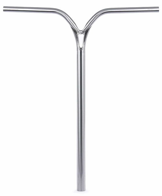 Ethic DTC Deildegast V2 Steel Oversized HIC Stunt Scooter Bars in Raw Silver (670mm x 600mm) by Ethic, featuring a Y-shaped design with a central stem and triangular cutout, shown against a white background.