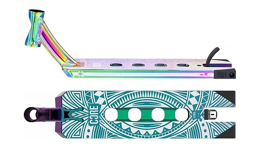 Two scooter decks are displayed. The upper one is the CORE CL1 Neochrome Stunt Scooter Deck, featuring a metallic rainbow finish and circular cutouts. The lower deck showcases a turquoise and white geometric design, along with circular cutouts and the "CORE" logo. This sleek design is ideal for any aspiring member of the CORE pro team.