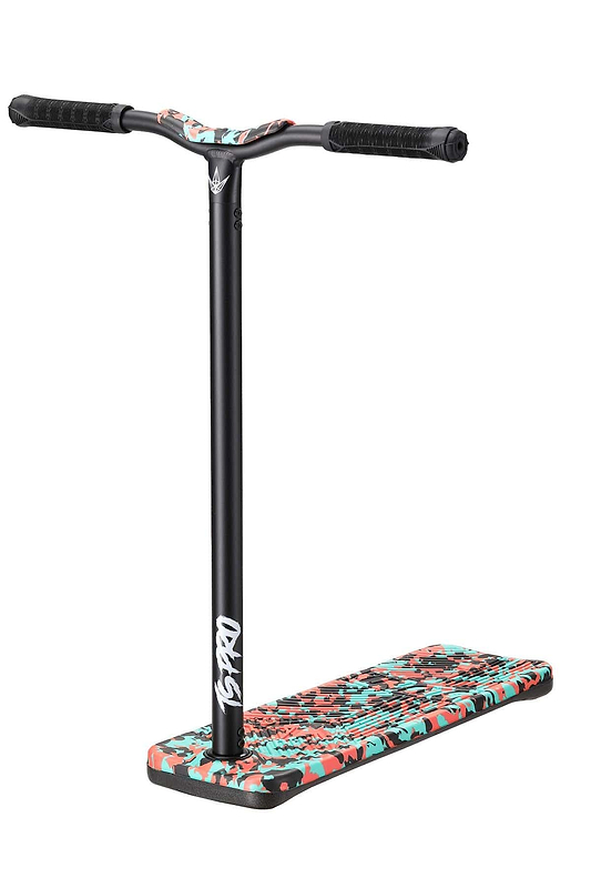 A Blunt Envy TS Pro 7.5 Indoor Trampoline Stunt Scooter stands upright, featuring its black T-bar handle and grips. The deck is decorated with a teal camo abstract pattern in red, teal, and black for an eye-catching design. It provides a customized height for enhanced freestyle performance.