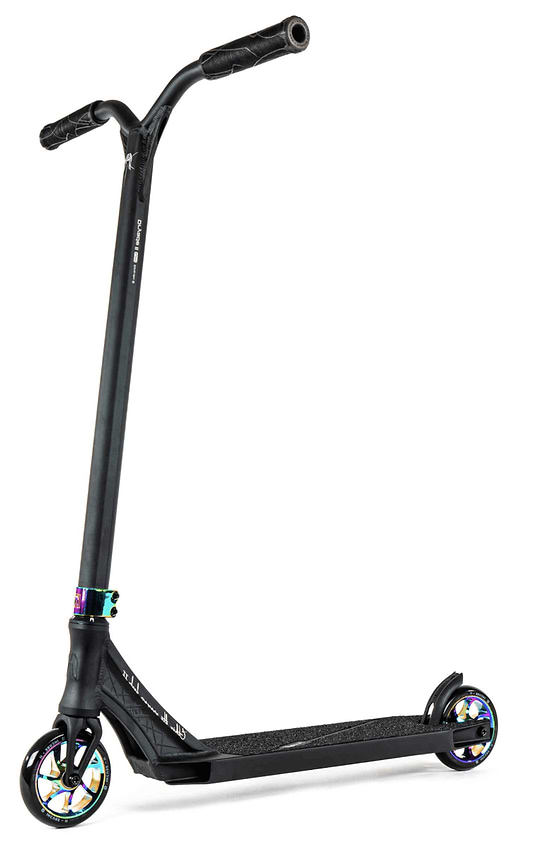 An Ethic DTC Erawan V2 Complete Stunt Scooter (M) in Neochrome, known for its sleek design, showcases a T-shaped handlebar, vivid holographic wheel cores, and a textured deck for grip. Featuring IHC compression, the scooter is presented against a plain white background.