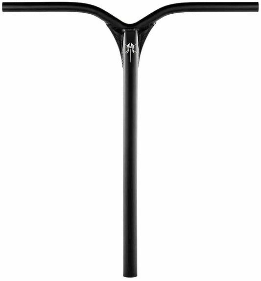 The Ethic DTC Dryade V2 Aluminium ICS/IHC Stunt Scooter Bars in black feature a distinctive Y-shaped design with a central logo, crafted from lightweight aluminum. With a straight main stem and upward-curving grips, these bars enhance control and style during scooter stunts. They are compatible with the ICS compression system for optimal performance.