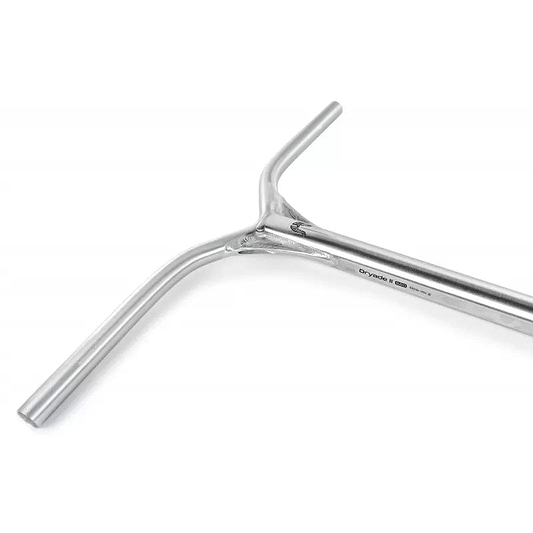 The Ethic DTC Dryade V2 Aluminium ICS/IHC Stunt Scooter Bars showcase a Y-shaped design with straight grips and are crafted from lightweight aluminum. With a sleek raw finish, these silver 620mm x 560mm handlebars deliver both style and performance through their ICS compression system.