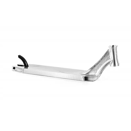The Ethic DTC Erawan V2 deck, in a brushed silver finish, is a top-notch aluminum stunt scooter deck measuring 4.72" x 21.25". It features a square-shaped base and a curved neck leading to the head tube, combining style and functionality for smooth rides with its polished design and visible brake at the rear end.