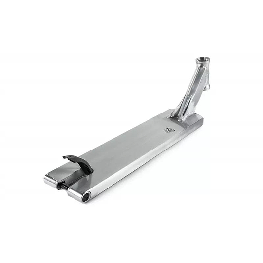 The Ethic DTC Pandora Raw Silver Stunt Scooter Deck, measuring 5.1" x 22", is highlighted in this image. Its lightweight design with a head tube and brake is prominently displayed from an angled side view, showcasing its sleek aesthetics and metallic finish. This 12 STD compatible deck from Ethic is set against a white background for a clean presentation.