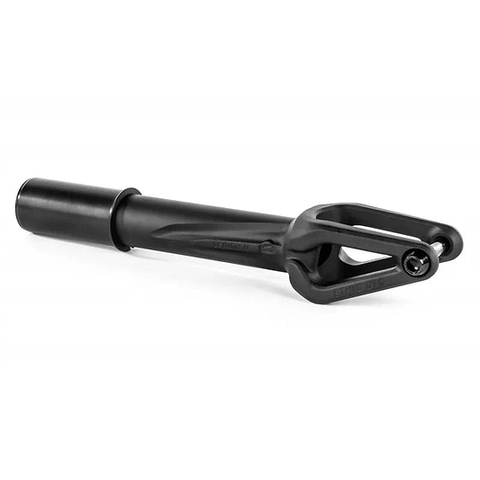 The Ethic Legion V2 HIC Stunt Scooter Forks in black showcase a sleek, cylindrical design with a pronged end, perfect for attaching 120mm wheels to your stunt scooter.