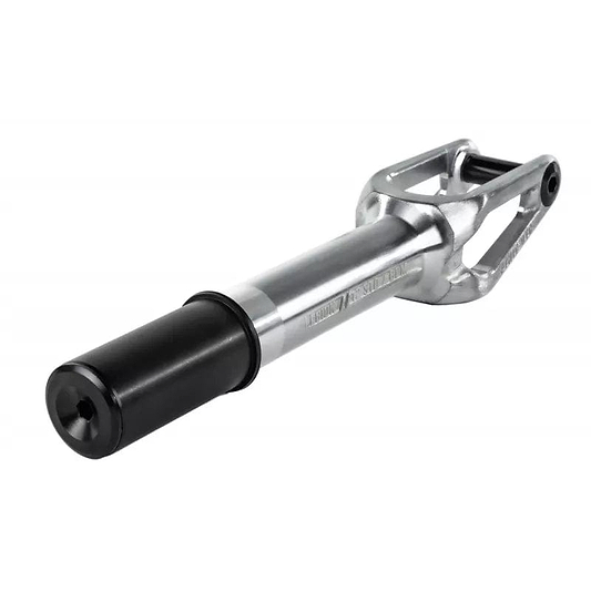 The Ethic Legion V2 IHC Stunt Scooter Forks in Raw Silver feature a silver stem with a black cylindrical end, making them perfect for stunt scooters. The upper part is designed with a sturdy, hollow rectangular structure and is ideal for 120mm wheels.