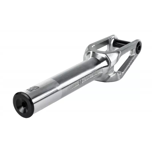 The Ethic Legion V2 SCS Stunt Scooter Forks in Raw Silver feature a cylindrical stem and a triangular forked end, crafted to accommodate 120mm wheels with robust strength. These forks embody engineering excellence and durability, making them an ideal choice for your ride.