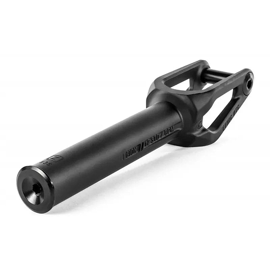 A sleek, matte black fork with a stylish and minimalist design similar to the Ethic Legion V2 SCS Stunt Scooter Forks. It features a robust stem and triangular brace, indicating its compatibility with SCS compression for improved strength and performance on 120mm wheels.