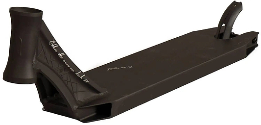 The Ethic DTC Erawan V2 Black Stunt Scooter Deck, measuring 4.72" x 21.25", is expertly crafted from durable 6065 aluminium and features a robust design with a textured surface. This deck showcases intricate welding details, a prominent neck for the handlebars, and a rear cutout for the wheel, making it ideal for park scootering.