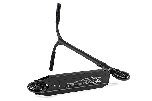 The Ethic DTC Erawan V2 Complete Stunt Scooter (M) - Black, designed by Ethic, features a Y-shaped handlebar and an eye-catching graphic design on the deck. Its small wheels and compact, sleek frame emphasize its lightweight build, with the scooter positioned at an angle to perfectly showcase both the handlebar and deck in harmony.
