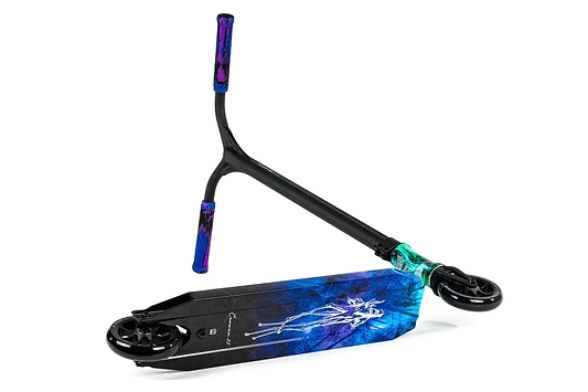 The Ethic DTC Erawan V2 Complete Stunt Scooter in Blue Iridium, a sleek black lightweight model with striking blue and purple accents, is featured. Its deck is adorned with a geometric abstract figure graphic, while the handlebar and wheels pop crisply against a white background.