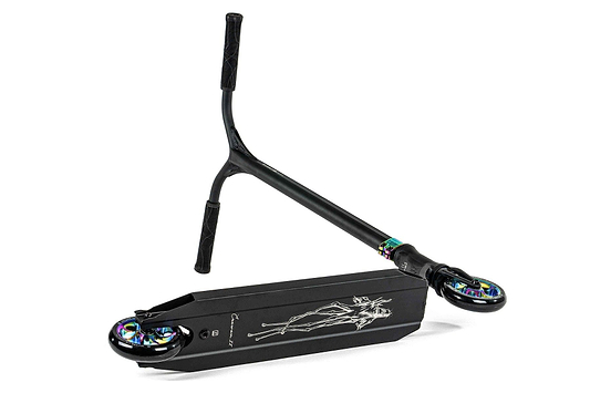 The Ethic DTC Erawan V2 Complete Stunt Scooter (S) in Neochrome is pictured with its deck resting on the ground and handlebars leaning against it. This lightweight scooter features vibrant wheel hubs and a stylized design on the underside of the deck, complemented by an IHC compression system for smooth rides.