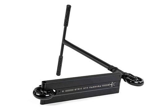 An Ethic DTC Pandora Complete Stunt Scooter (M) in black, featuring a signature design on the deck, is lying on its side. The chromoly steel T-bar handlebars with textured grips are detached and placed on the deck. Its compact wheels are crafted for optimal street riding performance.