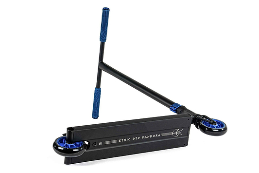 A black street-oriented scooter featuring a blue handlebar grip and blue wheels is displayed. The scooter has a slight tilt, showcasing the "Ethic DTC Pandora Complete Stunt Scooter (M) - Blue" branding on the deck, along with its sturdy chromoly steel T-bar.