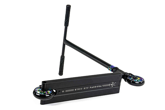 Introducing the Ethic DTC Pandora Complete Stunt Scooter (L) in Neochrome by Ethic, ideal for street riding with its stylish holographic wheels and graphic-accented deck. It features Chromoly Steel T-bar handlebars for durability, complemented by a branded footplate with a sleek aesthetic.