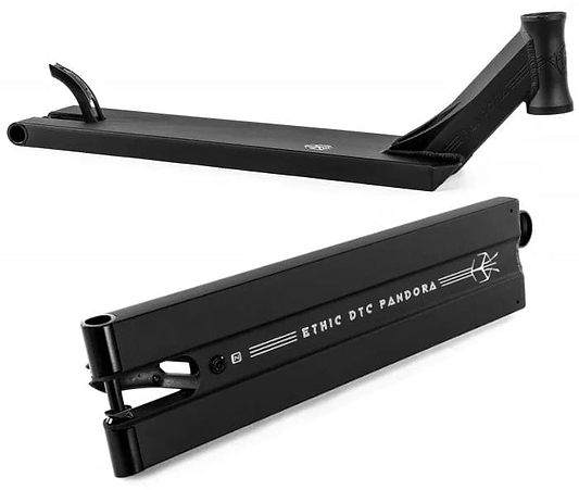 The Ethic DTC Pandora Black Stunt Scooter Deck, measuring 5.1" x 22", is presented from two perspectives. The top view showcases its sleek and lightweight surface along with the head tube, while the side view reveals the distinctive brand logo and intricate design features.