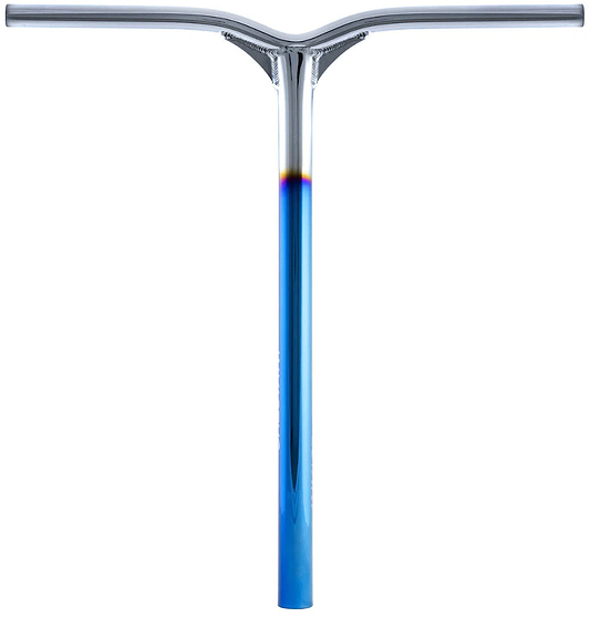 The Root Industries Invictus HMA IHC Stunt Scooter Bars – Afterburner Blu Ray (610mm x 580mm) feature a chrome Y-shaped design with a gradient blue lower section, made from lightweight Hi-Modulus Alloy for pro-level performance.