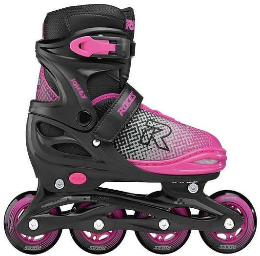 The Roces Jokey X Adjustable Inline Skates - Black / Pink feature four wheels, anatomical padding, adjustable straps, patterned fabric, ABEC 3 bearings, and the “ROLLER” logo—ideal for recreational skating. Brand: Roces.