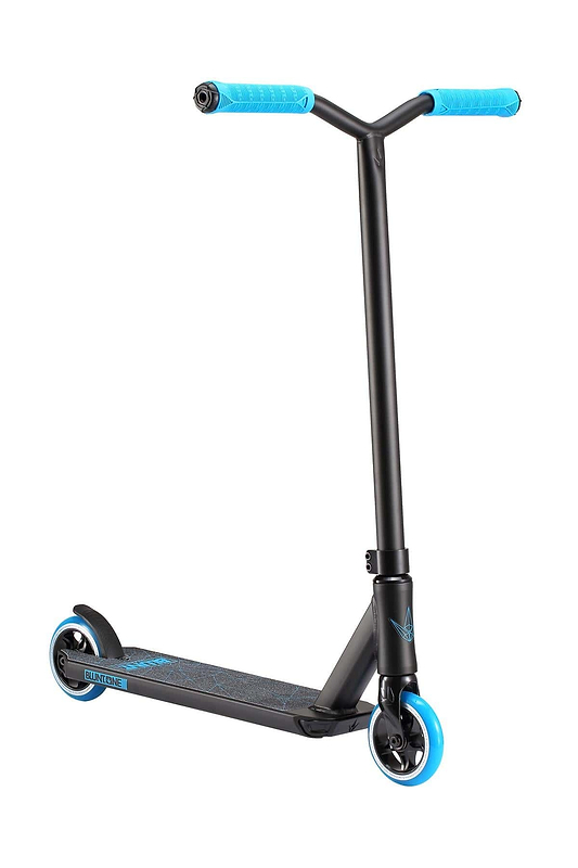 The Blunt Envy ONE S3 Complete Stunt Scooter - Blue is a sleek black and blue scooter featuring matching blue handles and wheels, ideal for young riders. Its lightweight design ensures agility and smooth maneuverability.