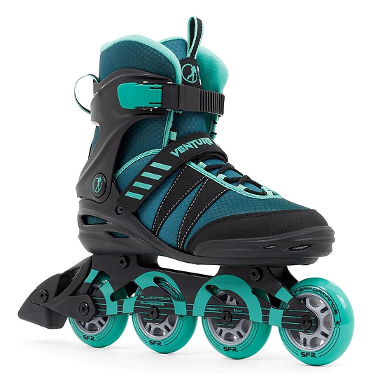 The SFR Venture Pro Inline Skates - Teal are shown, featuring four wheels with teal exteriors and silver interiors, a secure boot design with straps and padded comfort. "VENTURA" is visible on the side, and they come equipped with high-performance ABEC-7 bearings.