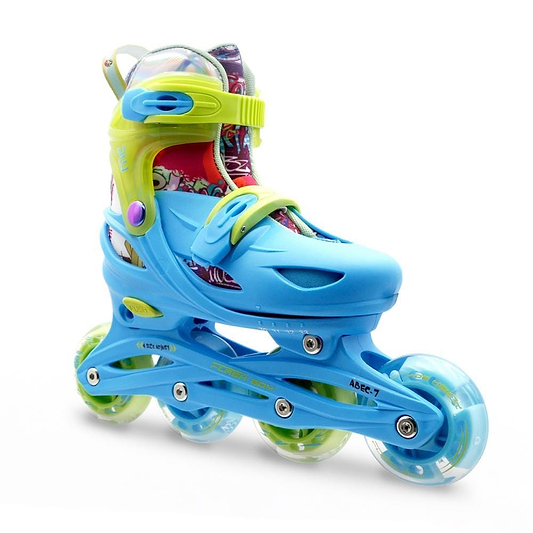 The Roces Ply Flash Adjustable Kids Inline Skates by Roces feature a blue boot with lime accents, patterned inner lining, and four clear wheels with green centers and ABEC 7 bearings, shown on a white background.