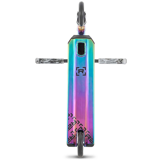 Top-down view of the Rampage R110 Complete Stunt Scooter in Oil Slick Neochrome with black geometric accents, marble-patterned handlebars, and two visible wheels—ideal for stunt riding by Rampage.