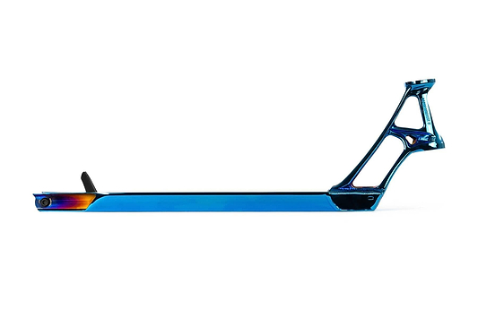 Introducing the Ethic DTC Pandemonium V2 Chrome Blue Stunt Scooter Deck, a 5.1" x 21.3" ultra-lightweight scooter deck featuring angular edges and a sleek chrome blue finish. Its modern design emphasizes style and performance for riders seeking both aesthetics and functionality.