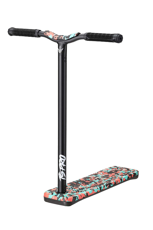 A Blunt Envy TS Pro 6 Indoor Trampoline Stunt Scooter showcasing a sleek black customizable scooter bar and a vibrant teal camouflage-patterned deck. The scooter is positioned upright against a plain white background.