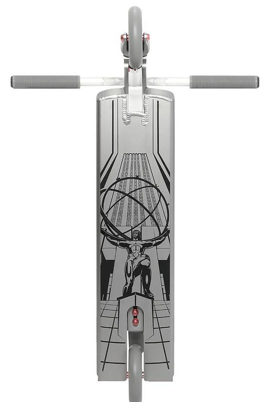 Top view of the Aztek Fountain Complete Stunt Scooter - Grey: gray deck with black art of a muscular figure holding an atom, city buildings in the background. Handlebars and wheels shown—perfect for bold skatepark riders. Brand: Aztek.